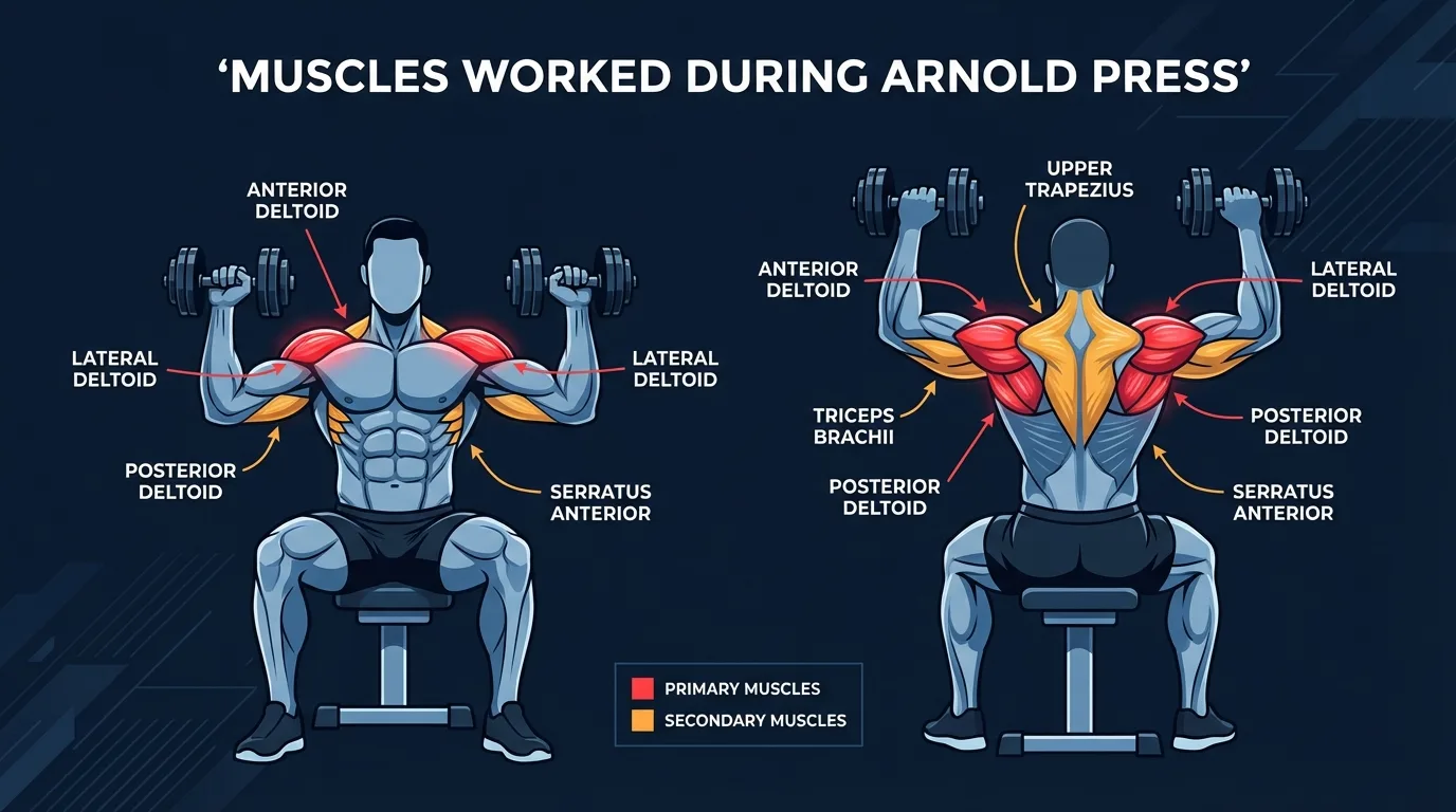 Arnold press muscles targeted diagram showing anterior deltoid, lateral deltoid, posterior deltoid, triceps, upper trapezius, and serratus anterior highlighted during the rotational pressing movement