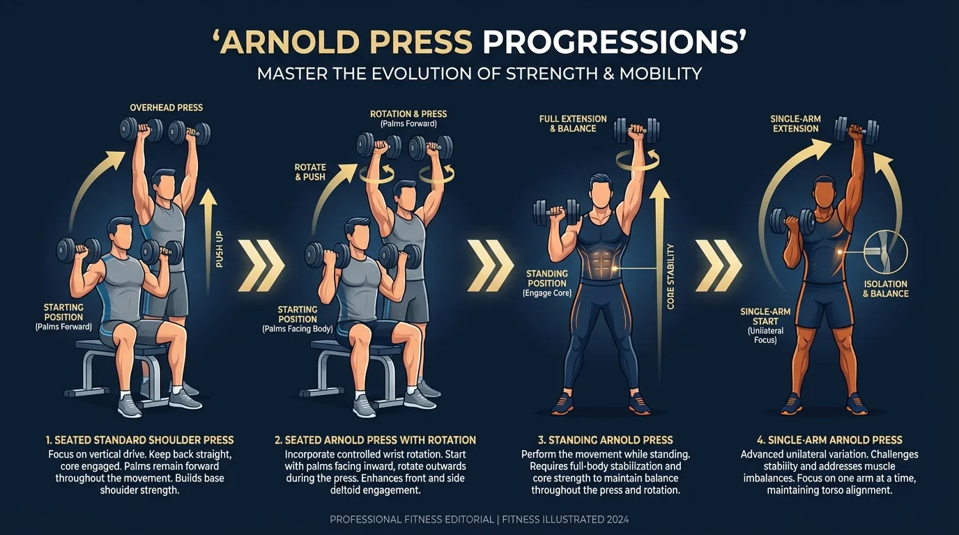 Arnold press progression from seated standard dumbbell press to seated Arnold press to standing Arnold press to single-arm Arnold press, showing increasing difficulty