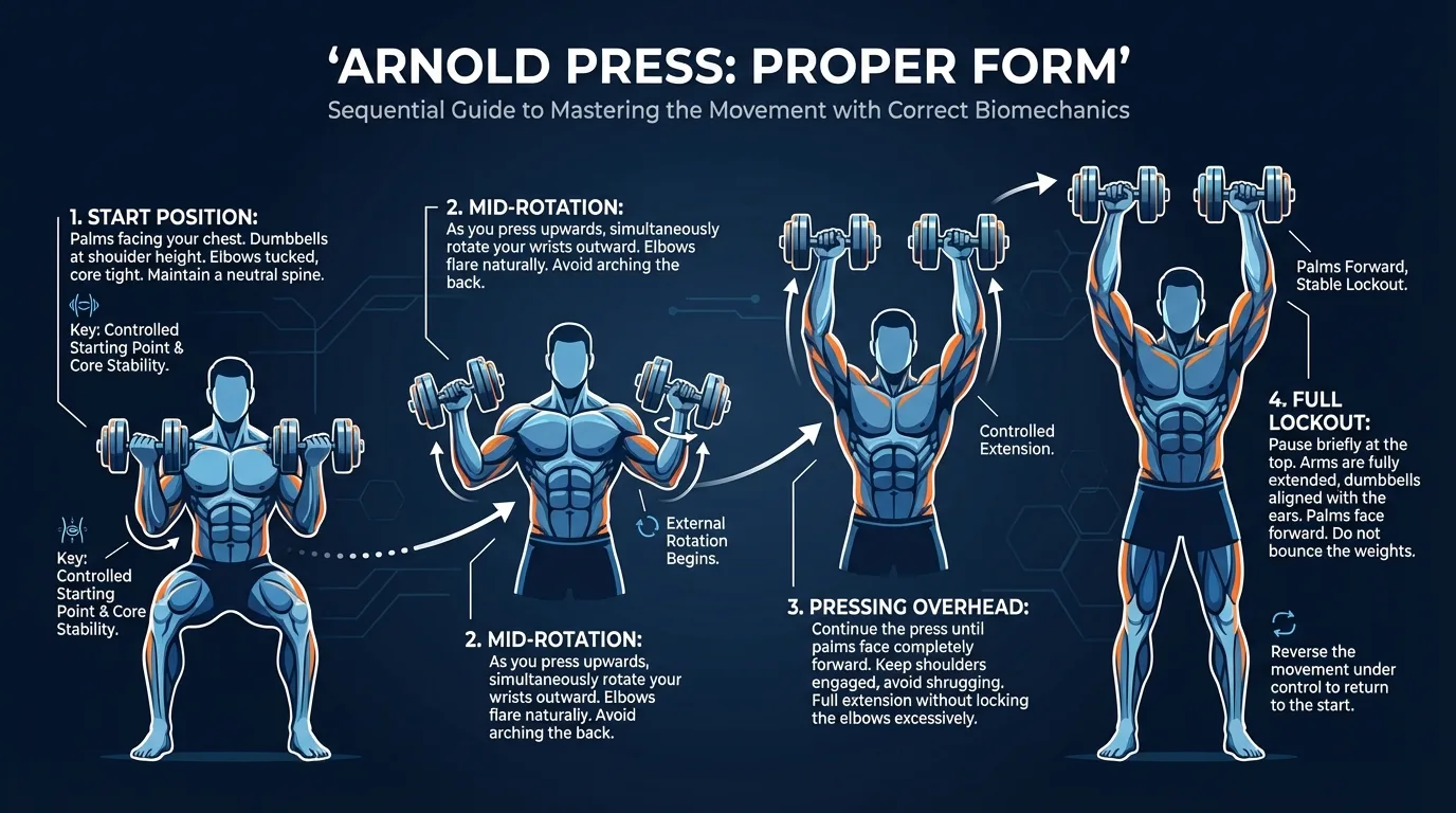 Arnold press proper form showing four positions: starting with palms facing body, mid-rotation, pressing overhead, and full lockout with palms forward