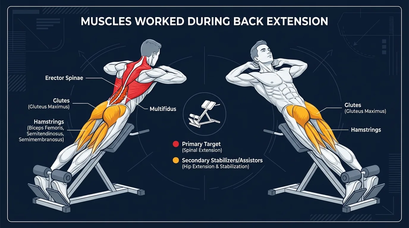 Back extension muscles targeted diagram showing erector spinae, glutes, hamstrings, and deep spinal stabilizers highlighted during the prone back extension movement
