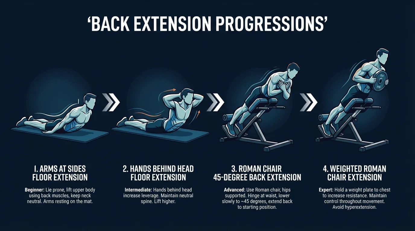 Back extension progression from arms at sides to hands behind head to Roman chair back extension to weighted back extension, showing increasing difficulty