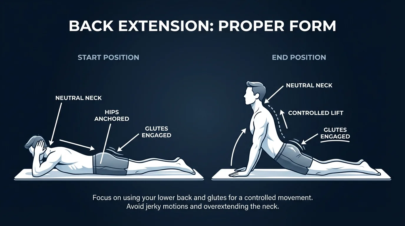 Back extension proper form showing starting position face down and lifted position with controlled spinal extension, neutral neck, and hips anchored to the floor