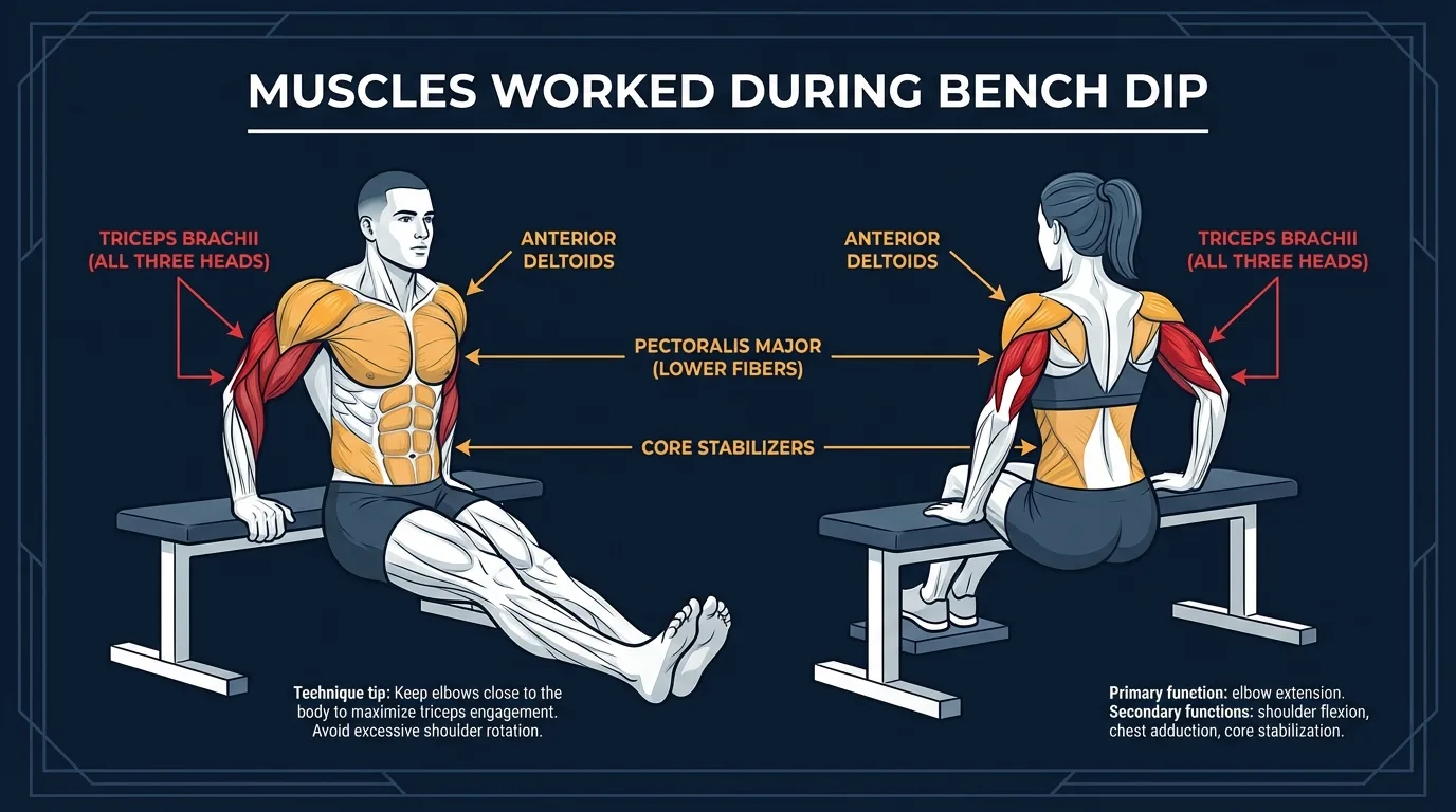Bench dip muscles targeted diagram showing triceps brachii as primary mover with anterior deltoids, lower pectoralis major, and core as secondary muscles