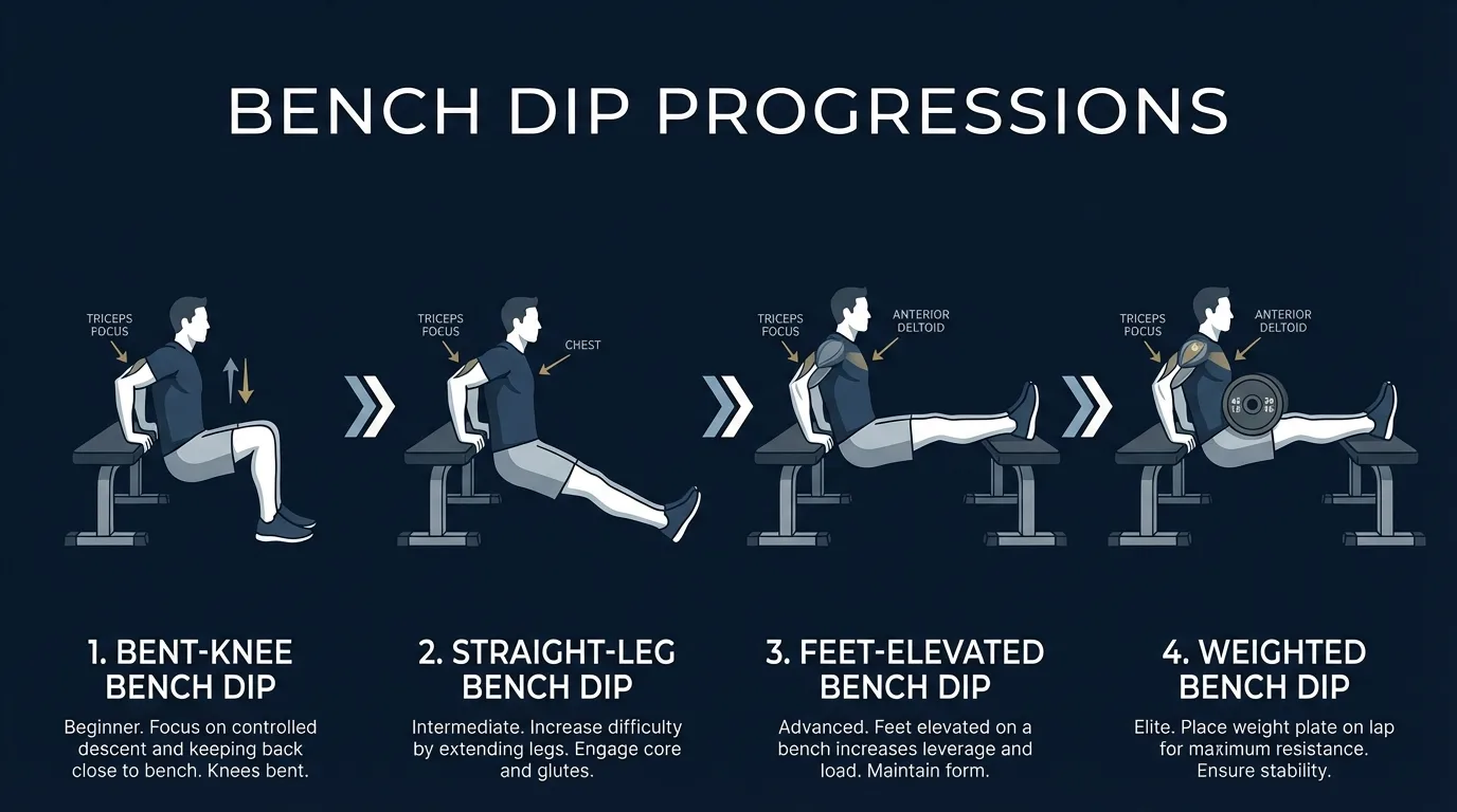 Bench dip progression from bent-knee to straight-leg to feet-elevated to weighted bench dip, showing increasing difficulty