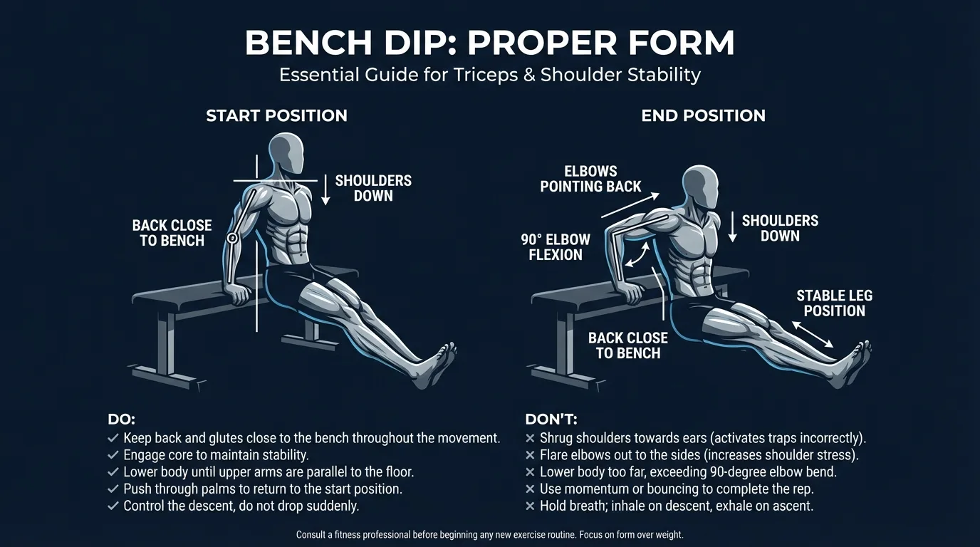 Bench dip proper form showing start position with arms extended on bench and lowered position with elbows at 90 degrees, back close to bench edge