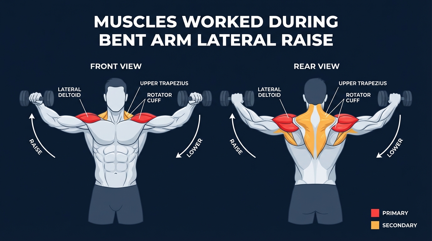 Bent arm lateral raise muscles targeted diagram showing medial deltoid, anterior deltoid, upper trapezius, and supraspinatus activation with 90-degree elbow bend