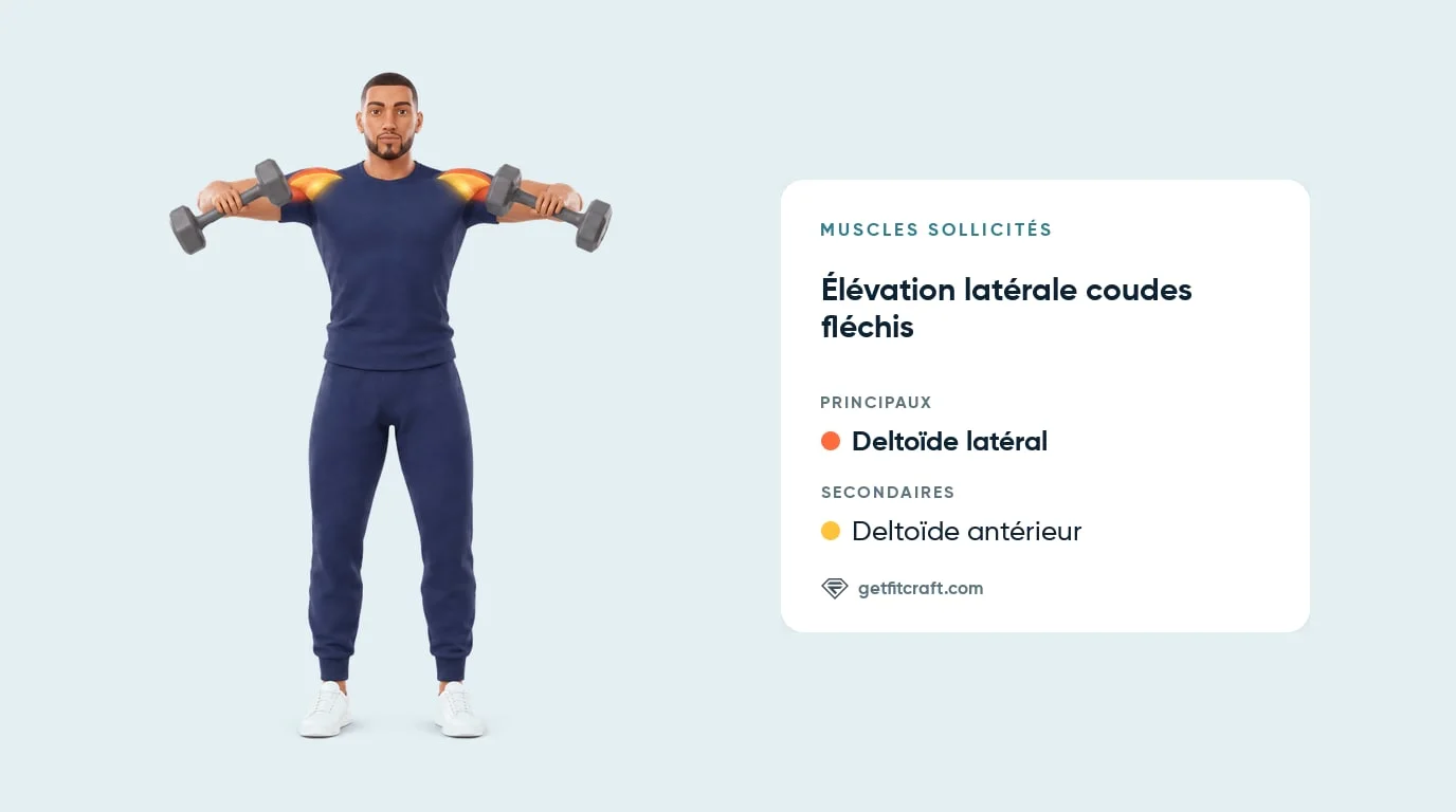 Élévation latérale coudes fléchis, muscles travaillés : deltoïdes latéraux, avec les antérieurs en appui, coudes fléchis