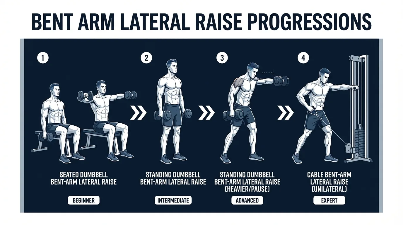 Bent arm lateral raise progressions: seated beginner variation, standing bilateral intermediate variation, and single-arm advanced variation
