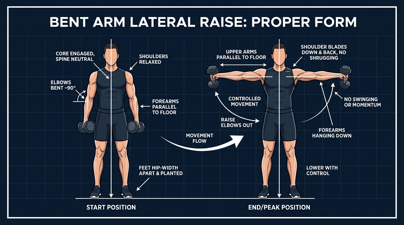 Bent arm lateral raise proper form showing 90-degree elbow bend, upper arms parallel to floor at peak, forearms hanging straight down, shoulders depressed