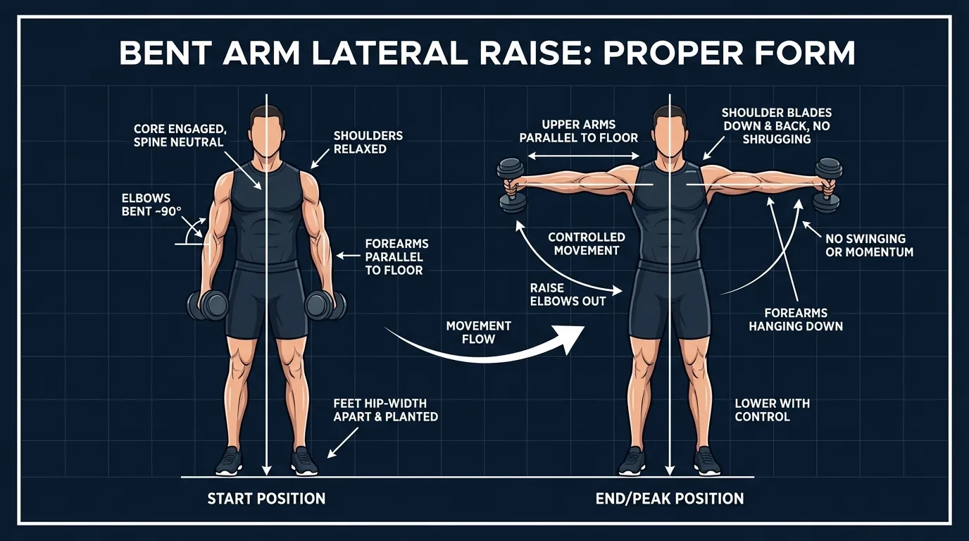Bent arm lateral raise proper form showing 90-degree elbow bend, upper arms parallel to floor at peak, forearms hanging straight down, shoulders depressed