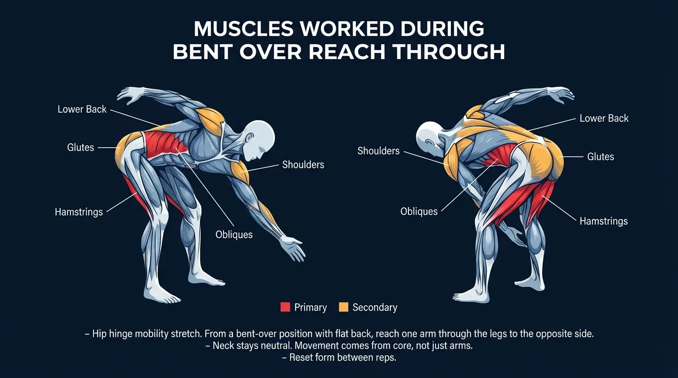 Bent over reach through muscles targeted diagram showing thoracic spine rotators and obliques as primary movers with erector spinae glutes and hamstrings holding the hip hinge