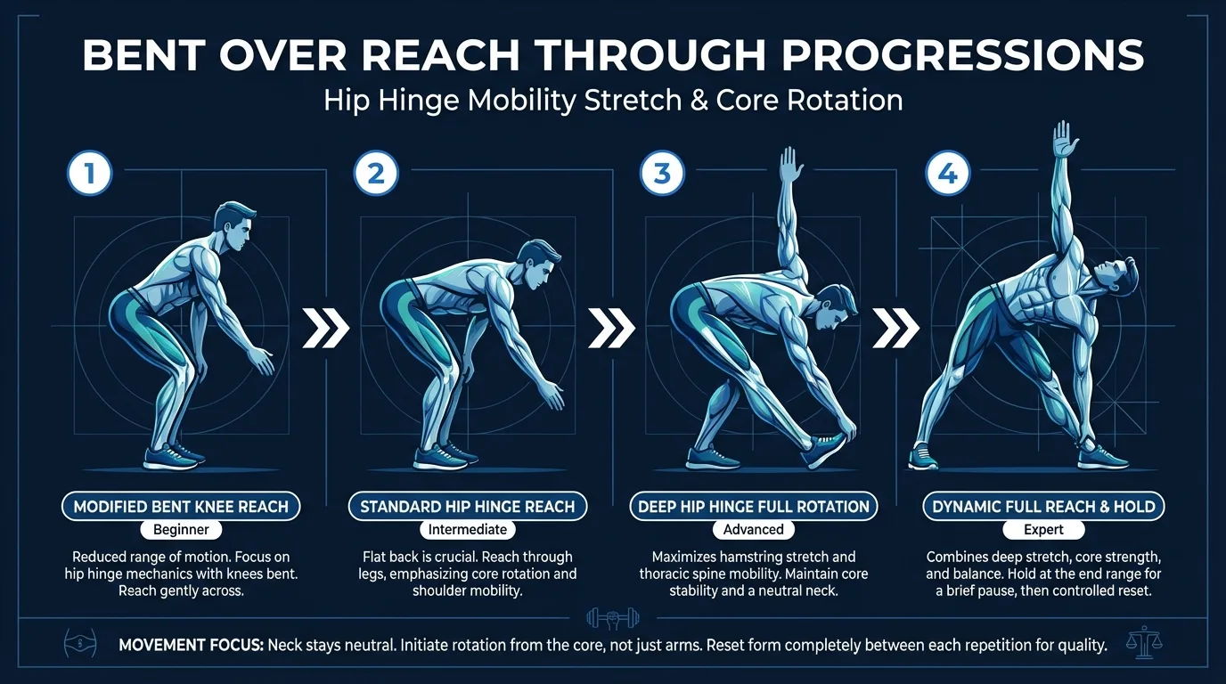 Bent over reach through variations from quadruped thread the needle regression to full arm extension and resistance band progressions