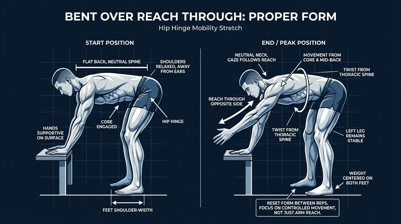 Bent over reach through proper form showing hip hinge position with elbow reaching under torso then rotating open toward ceiling