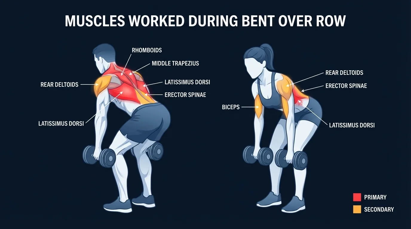 Aktivierte Muskeln beim vorgebeugten Kurzhantelrudern: Latissimus dorsi, Rhomboiden und mittlerer Trapezius als primaere Beweger, mit hinteren Deltamuskeln, Bizeps, Unterarmmuskeln und Erector spinae als Sekundaermuskeln und Stabilisatoren waehrend der Ruder-Bewegung