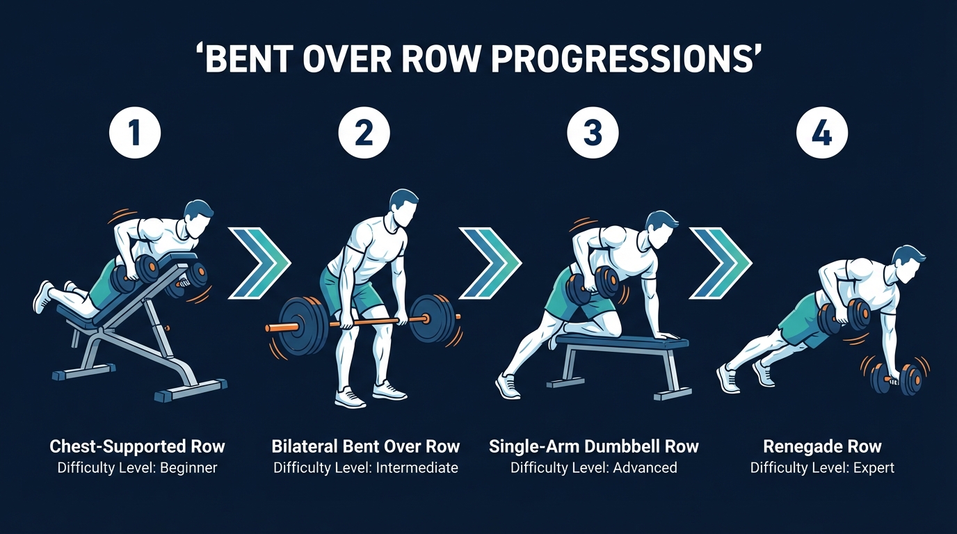 Progresion del remo inclinado desde remo con apoyo de pecho hasta remo bilateral, brazo unico y remo renegado, mostrando dificultad creciente