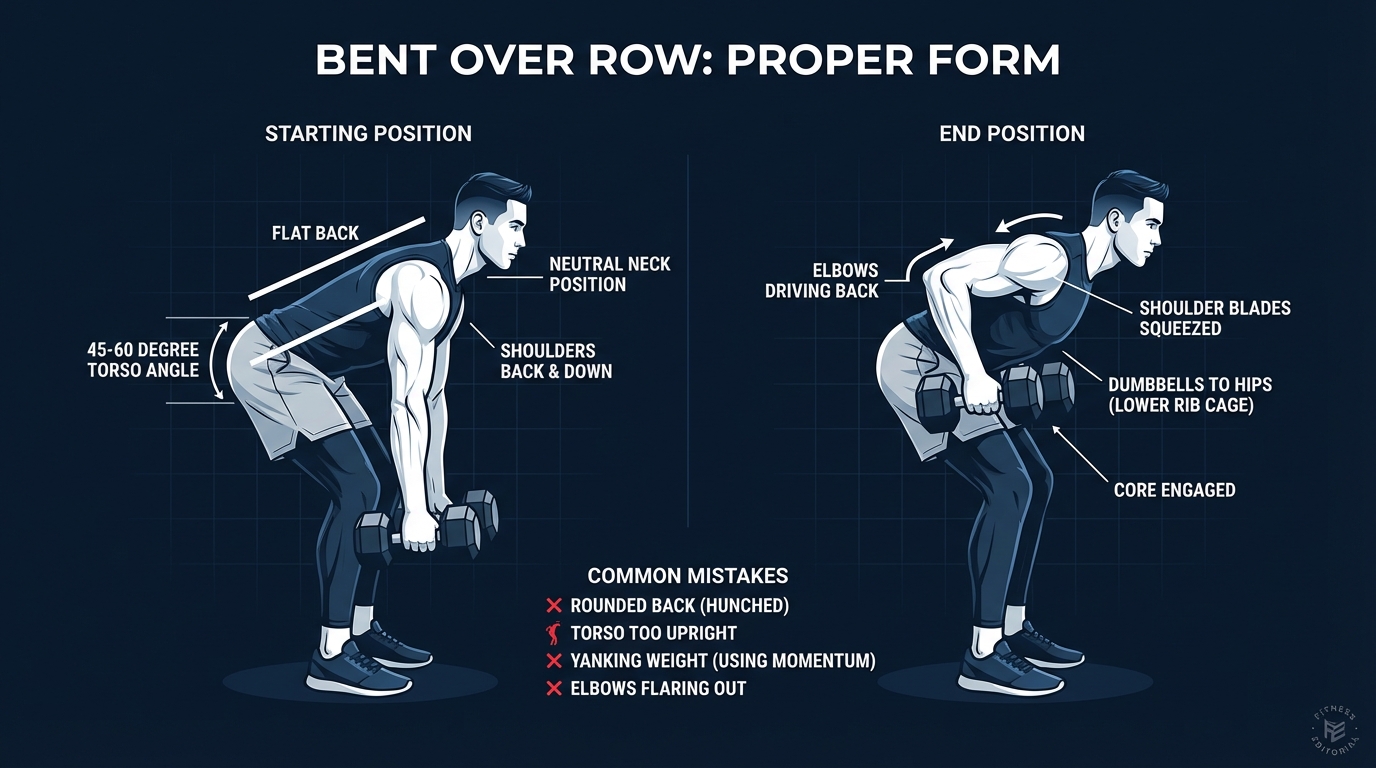 Forma correcta del remo inclinado con mancuernas mostrando posicion de bisagra de cadera con espalda plana, angulo de torso de 45-60 grados y codos llevados hacia atras pasando el torso