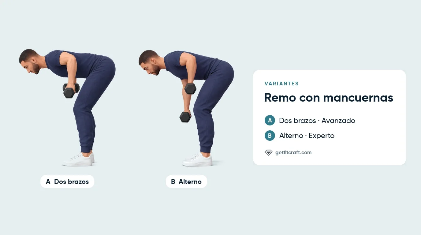 Remo inclinado con mancuernas: ambos brazos remando juntos y, al lado, el remo alterno con un brazo arriba y el otro colgando