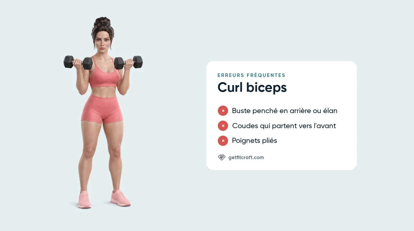 Erreurs courantes du curl biceps à côté de la bonne exécution : buste droit, coudes le long du corps, haltères en haut