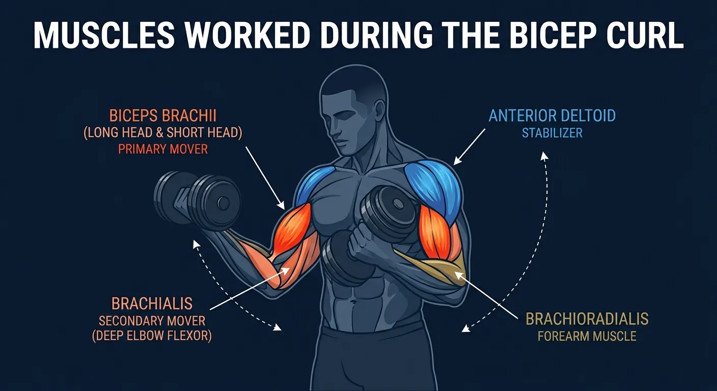 Bicep curl muscles activated: biceps brachii (long head and short head) as the primary mover, with the brachialis as a secondary mover, brachioradialis assisting from the forearm, and the anterior deltoid stabilizing the shoulder
