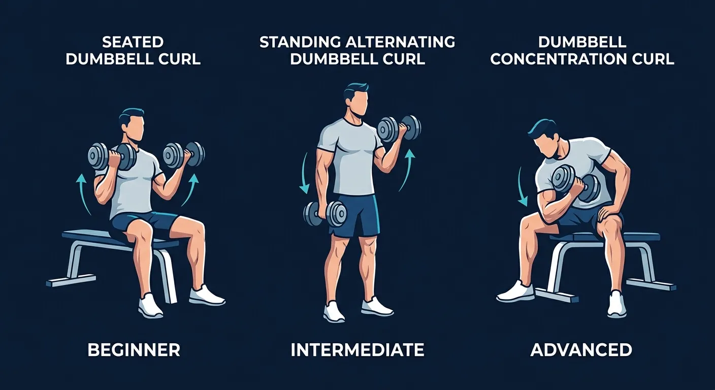 Bicep curl progressions from seated dumbbell curl (beginner) through standing alternating curl to concentration curl and incline dumbbell curl with difficulty levels