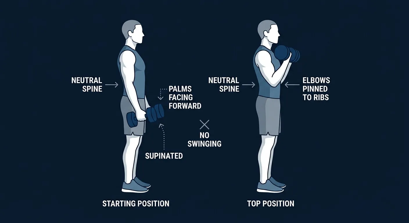 Dumbbell bicep curl proper form showing the starting position with dumbbells at sides in supinated grip and the top position with dumbbells curled to shoulder height, elbows pinned to the torso