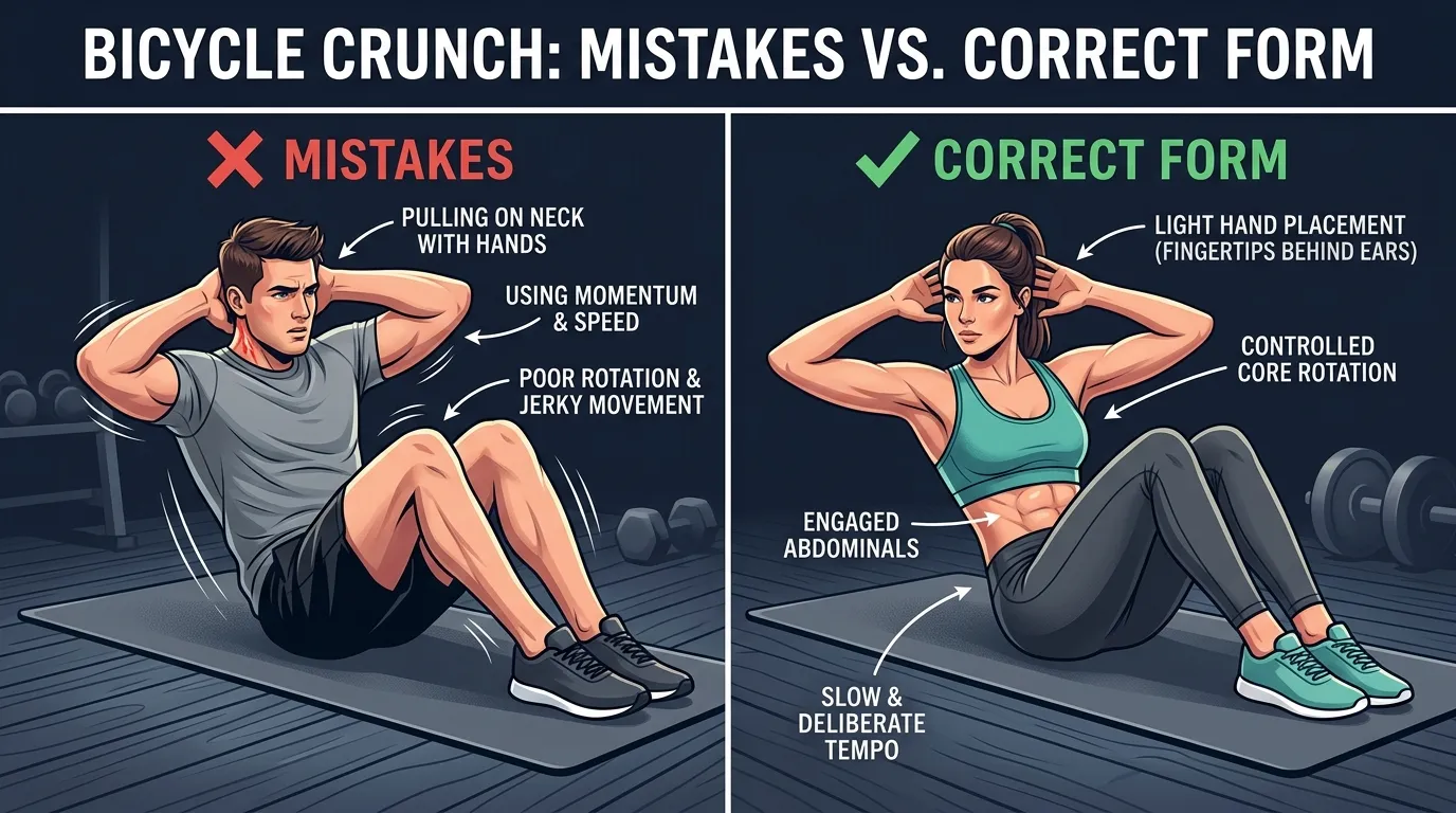 Bicycle crunch progression path from alternating partial (beginner) to alternating full (intermediate) to slow-tempo and weighted variations (advanced)