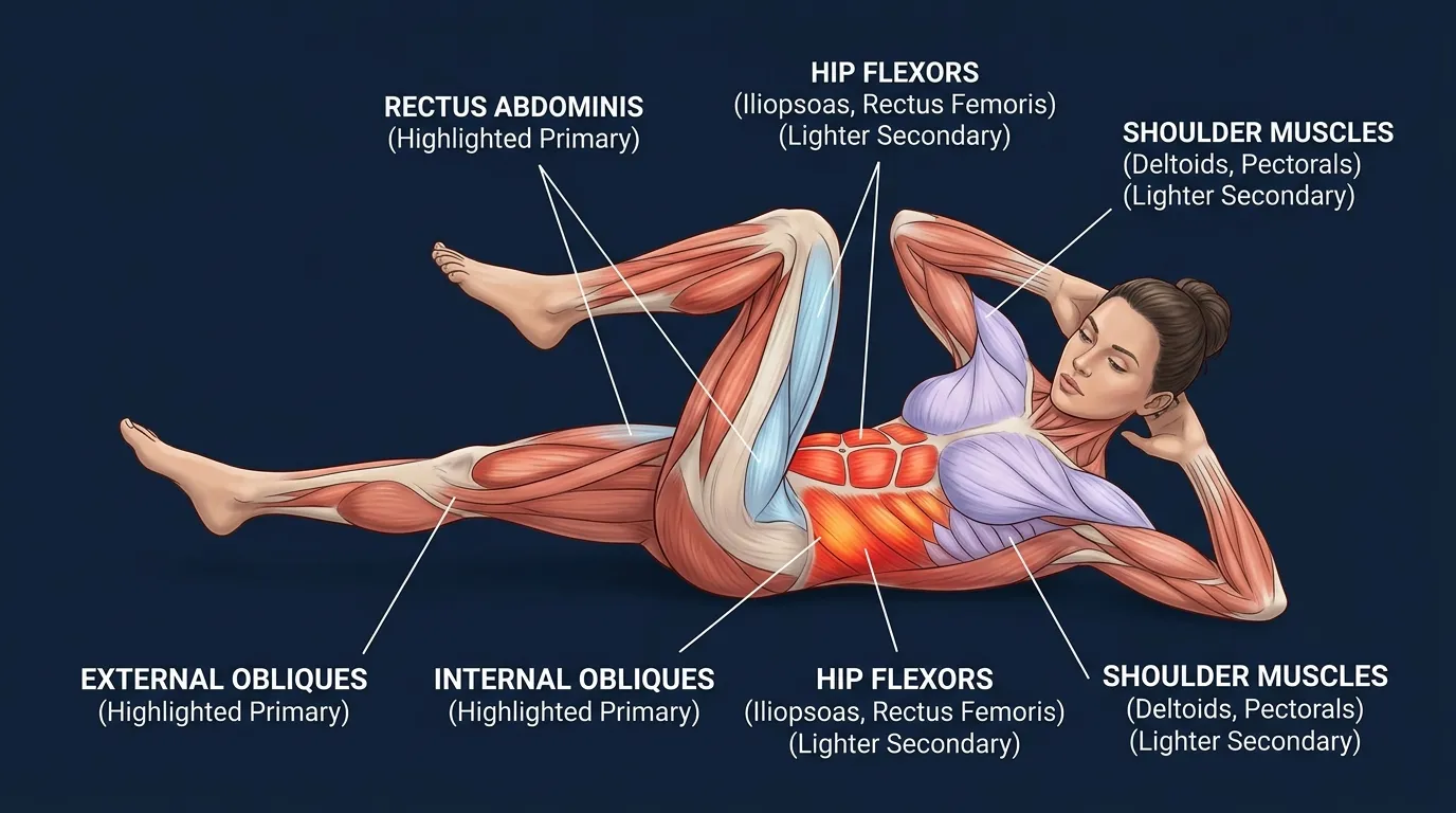 Bicycle crunch muscles activated: rectus abdominis and obliques as primary movers, with the hip flexors and transverse abdominis as secondary movers and stabilizers