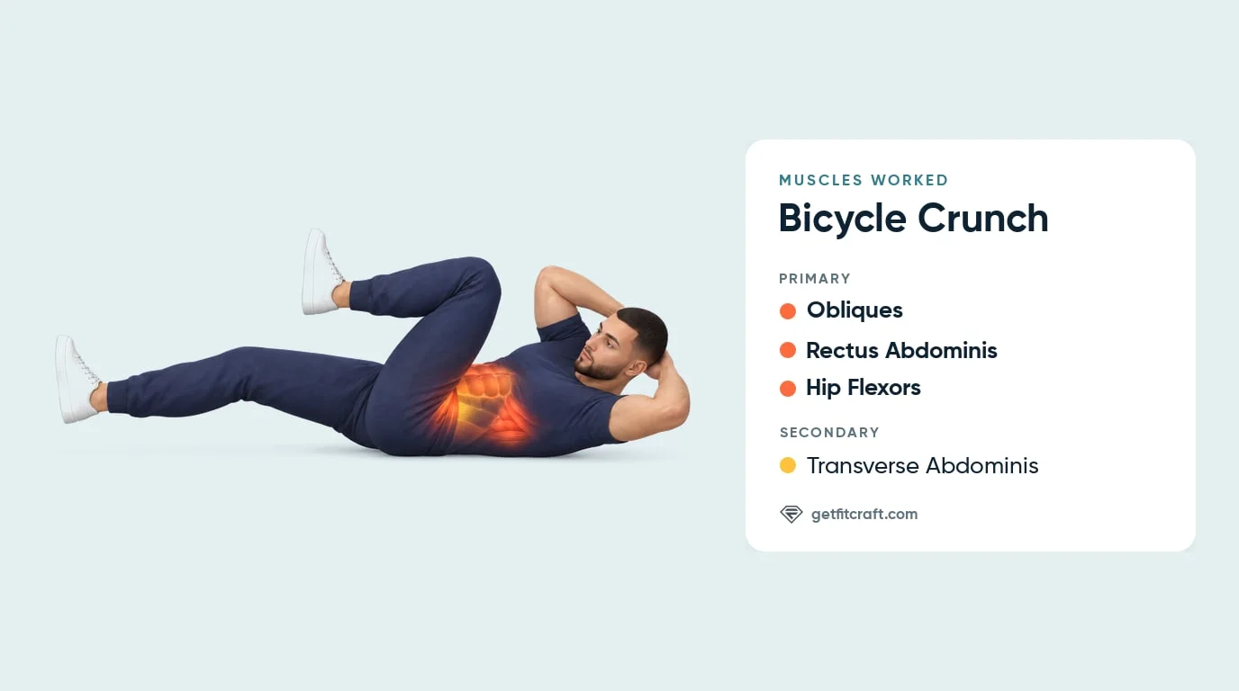Bicycle crunches muscles worked: obliques, rectus abdominis and hip flexors, plus transverse abdominis, shown mid-twist