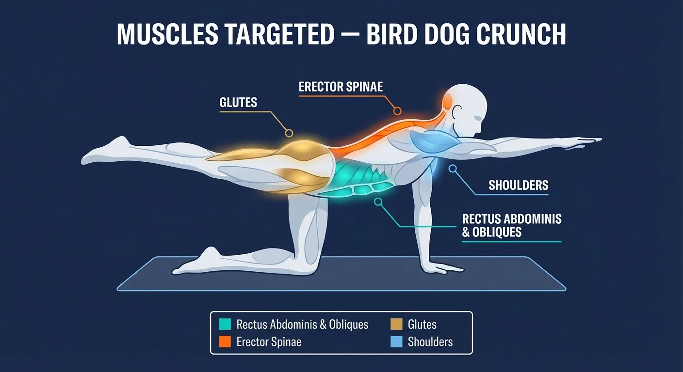Muscles targeted by the Bird Dog Crunch including rectus abdominis, obliques, erector spinae, and glutes