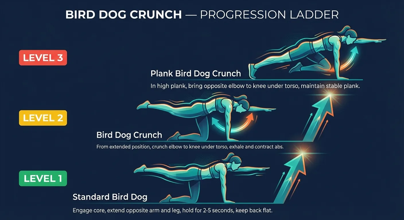 Bird Dog Crunch progression ladder from standard Bird Dog to plank Bird Dog Crunch