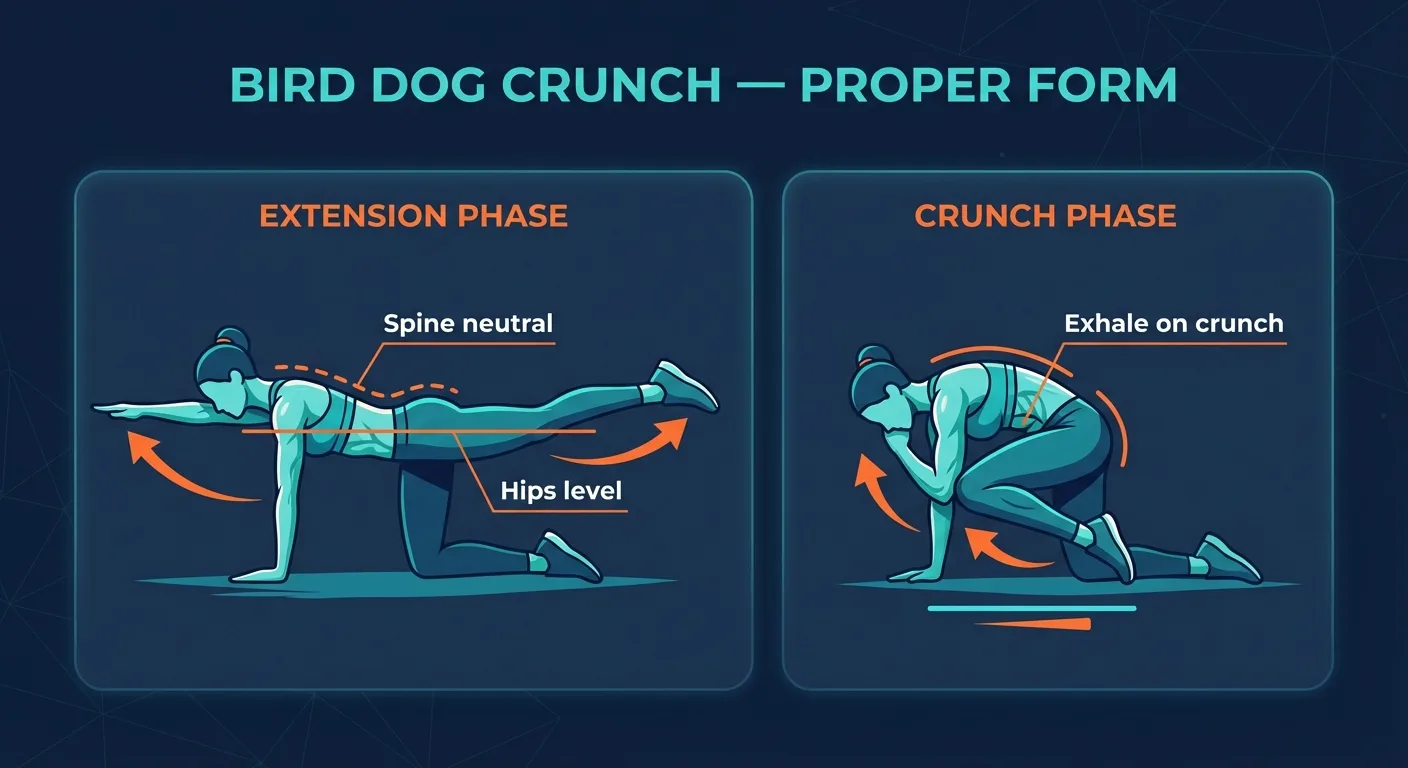 Bird Dog Crunch proper form showing the extension and crunch phases of the exercise