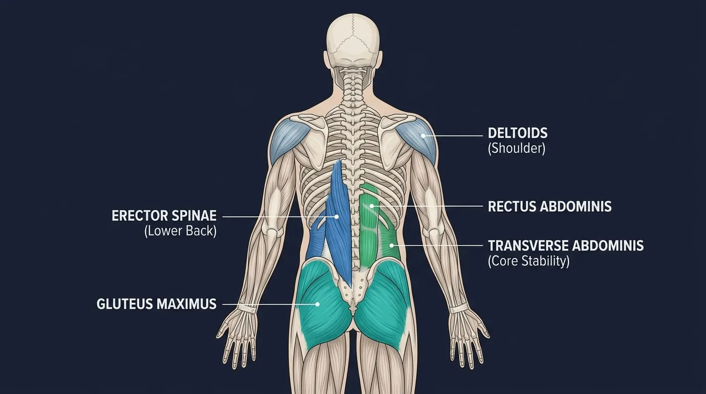 Bird-dog muscles activated: erector spinae, gluteus maximus, and deep core stabilizers (transverse abdominis, multifidus) as primary movers, with the posterior deltoids and mid-back assisting in the contralateral Level 2 variation