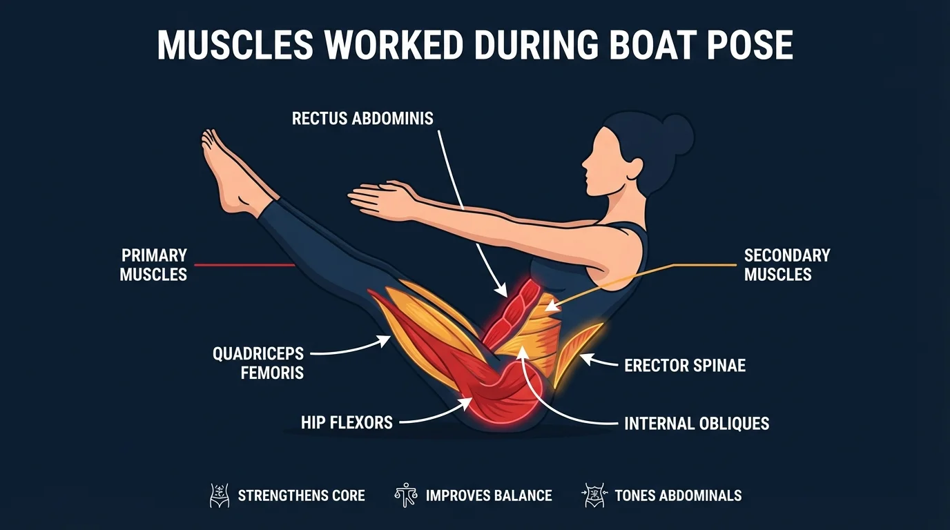 Boat pose muscles targeted diagram showing hip flexors and rectus abdominis as primary movers with obliques, quadriceps, and lower back as secondary stabilizers