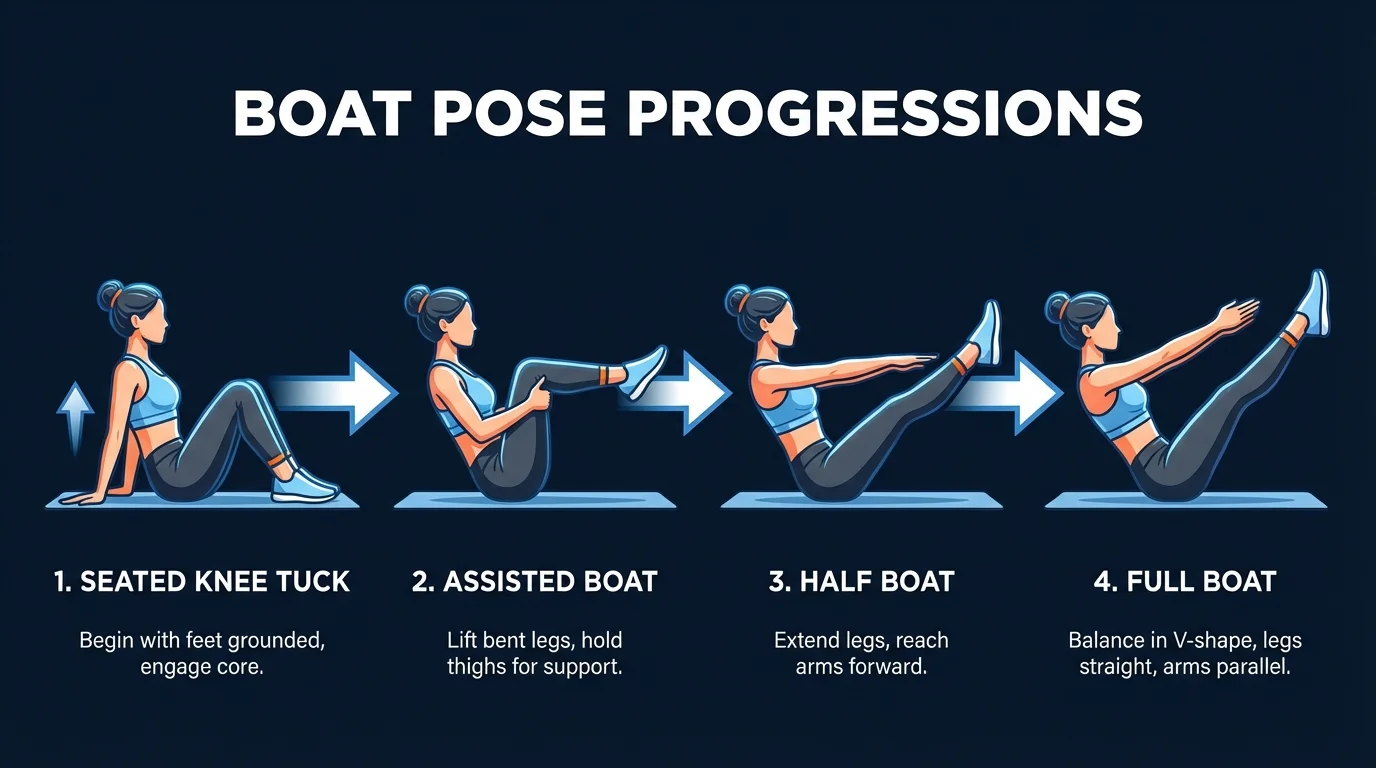 Boat pose progression from supported bent-knee hold to half boat to full navasana V-hold