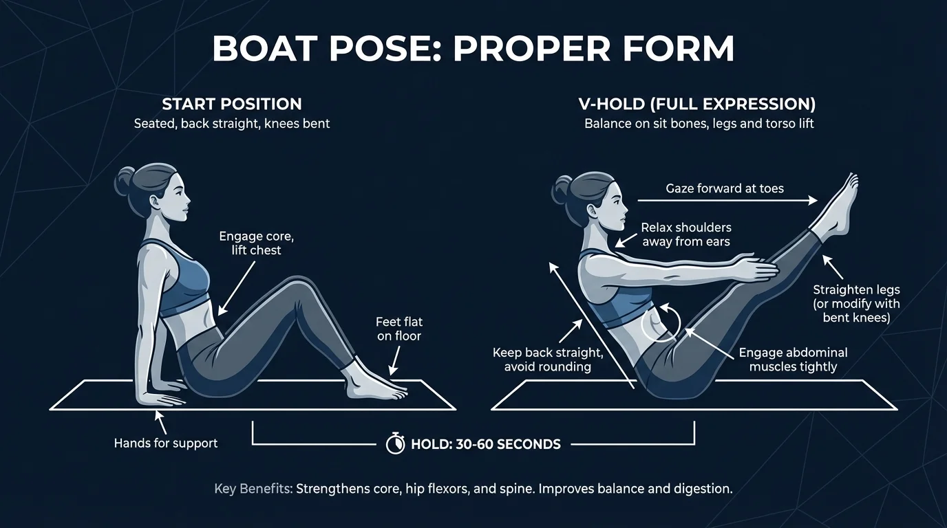 Boat pose proper form showing seated start position and full V-hold with straight spine, arms parallel to floor, and legs extended