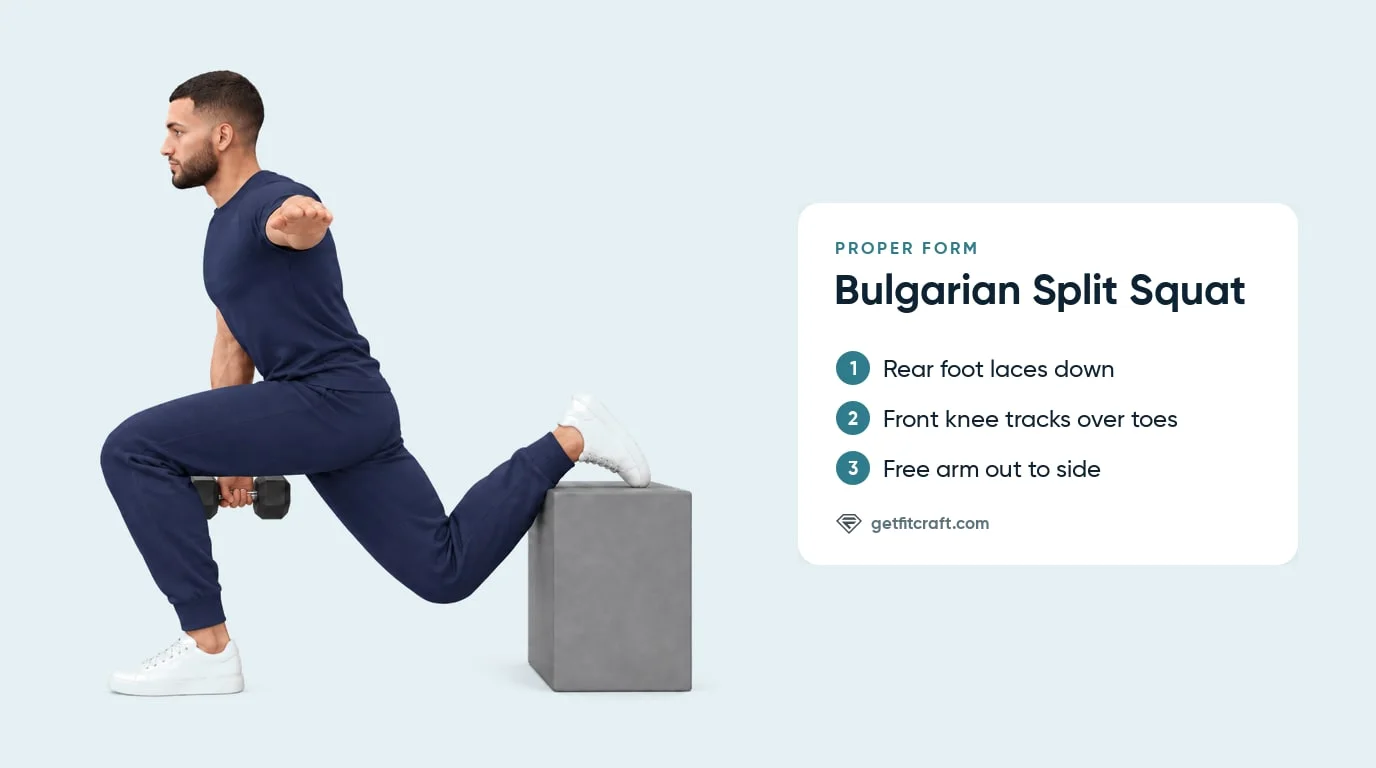 Bulgarian split squat proper form: front thigh near parallel, rear foot laces down on a box, chest up, free arm raised
