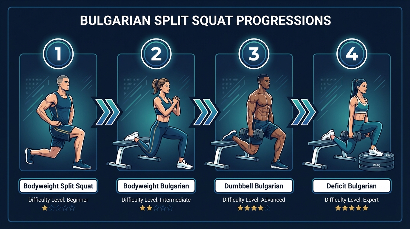 Bulgarian split squat progression from bodyweight split squat to bodyweight Bulgarian to dumbbell Bulgarian to deficit Bulgarian split squat