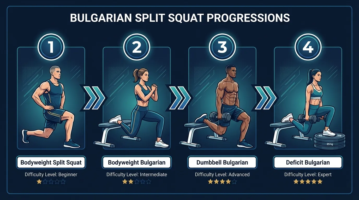 Progression der bulgarischen Kniebeuge vom Split Squat mit Körpergewicht über bulgarische Kniebeuge mit Körpergewicht und Kurzhanteln bis zur Deficit-Variante