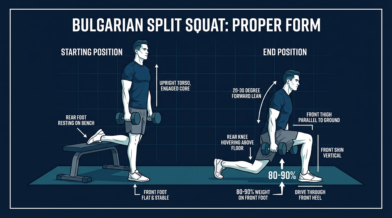 Bulgarian split squat proper form showing 80-90% weight on front foot, slight forward lean, rear foot elevated on bench, and front shin vertical at bottom position