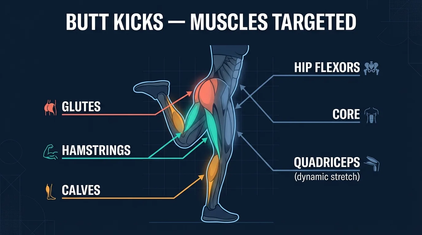 Butt kicks muscles targeted diagram showing hamstrings, glutes, calves, and hip flexors highlighted on a human figure