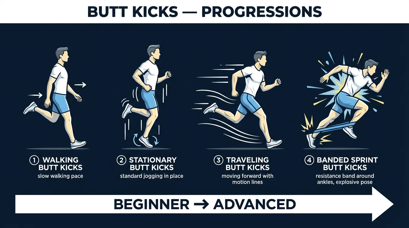Butt kicks progressions and variations from beginner walking butt kicks to advanced banded sprint butt kicks