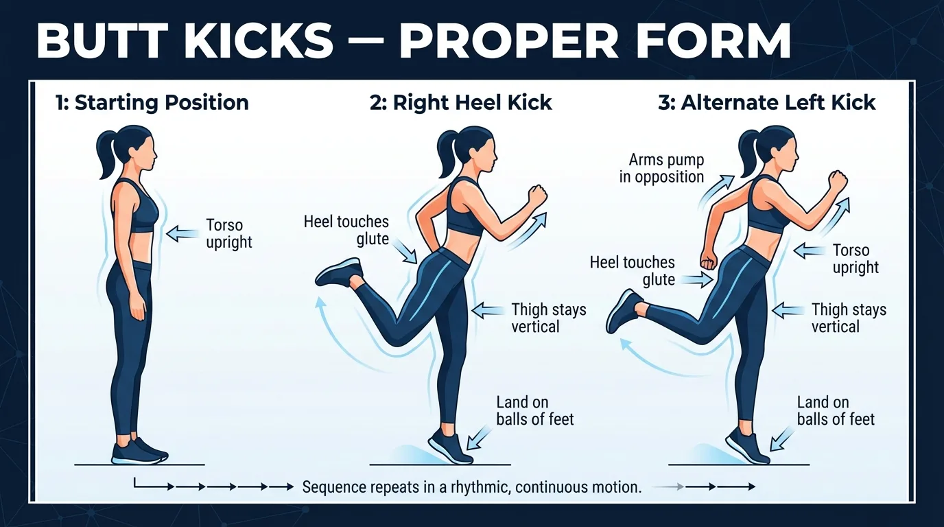 Butt kicks proper form visual guide showing correct upright posture, heel-to-glute contact, and arm drive technique