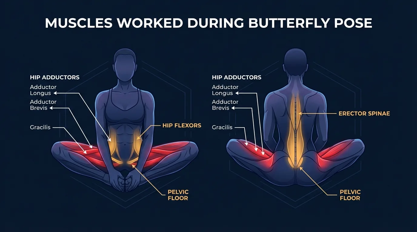 Butterfly pose muscles targeted diagram showing hip adductors, hip flexors, groin, pelvic floor, and lower back muscles engaged during the seated butterfly stretch