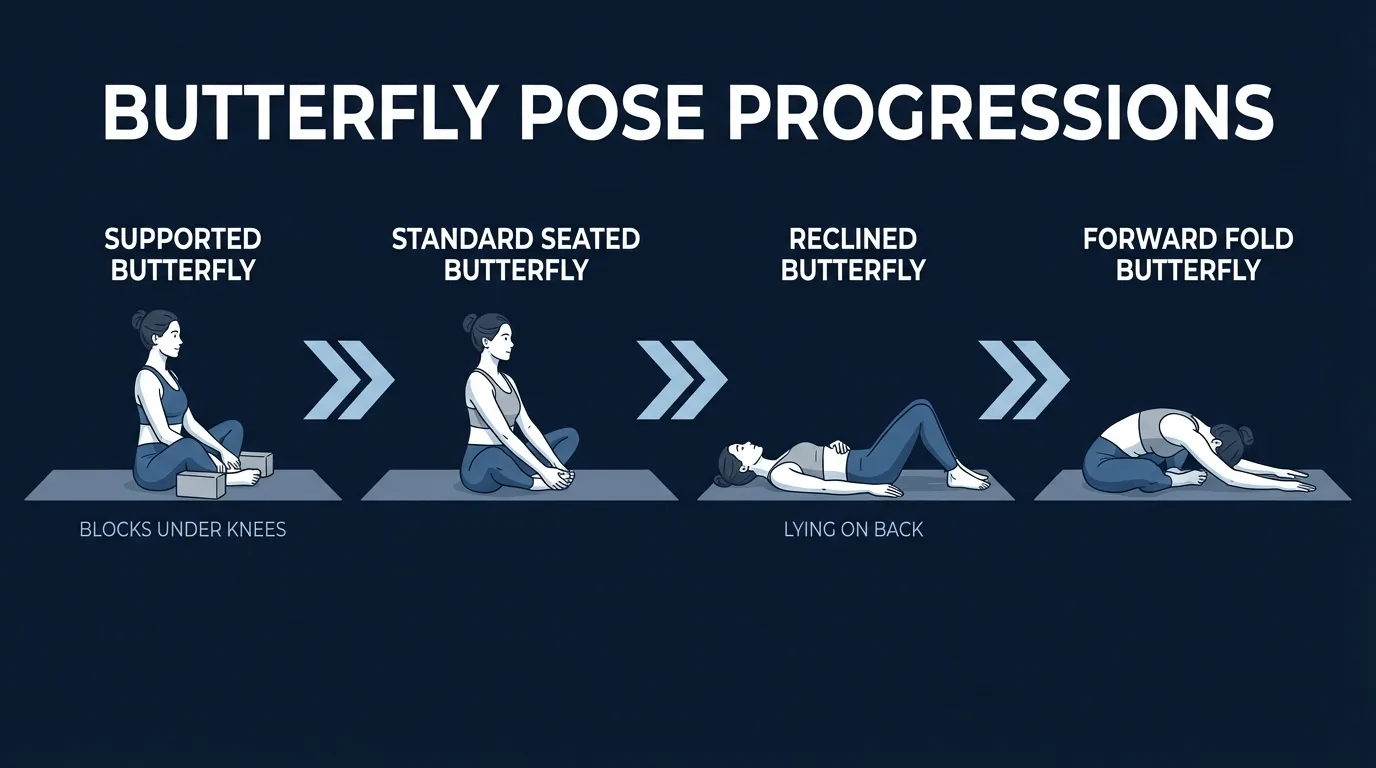 Butterfly pose progressions from supported butterfly with blocks under knees to standard seated butterfly to reclined butterfly to forward fold butterfly variation