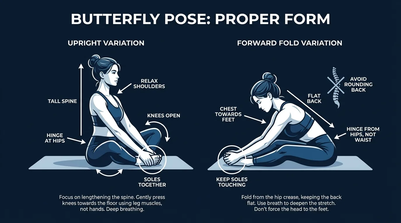 Butterfly pose proper form showing upright seated position with soles of feet together, knees open to sides, and spine tall with shoulders relaxed