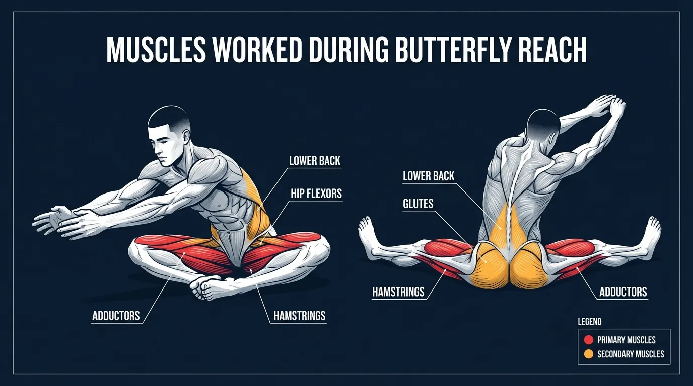 Butterfly reach muscles targeted diagram showing hip adductors, erector spinae, rectus abdominis, obliques, and groin muscles engaged during the seated forward reach