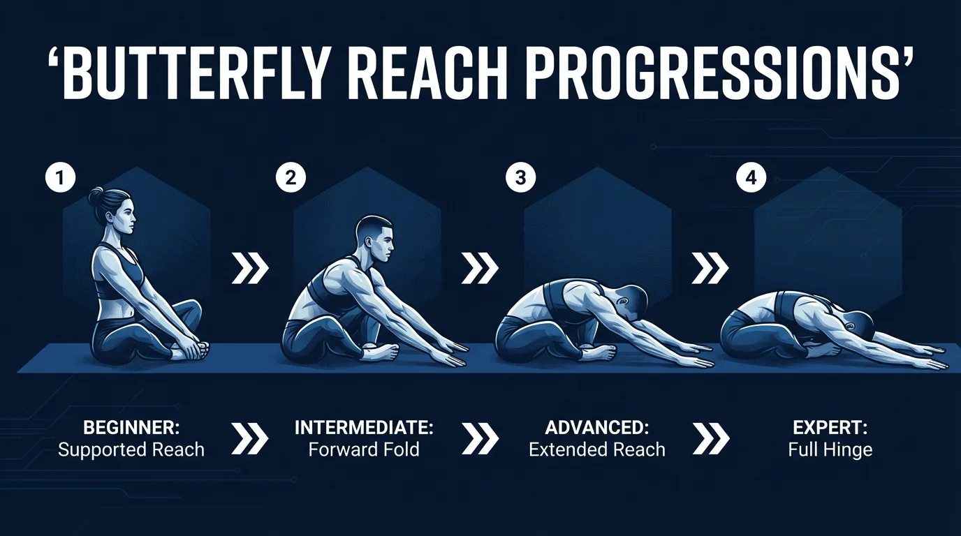 Butterfly reach progressions from supported with yoga block to standard bilateral reach to single-arm rotational reach variation