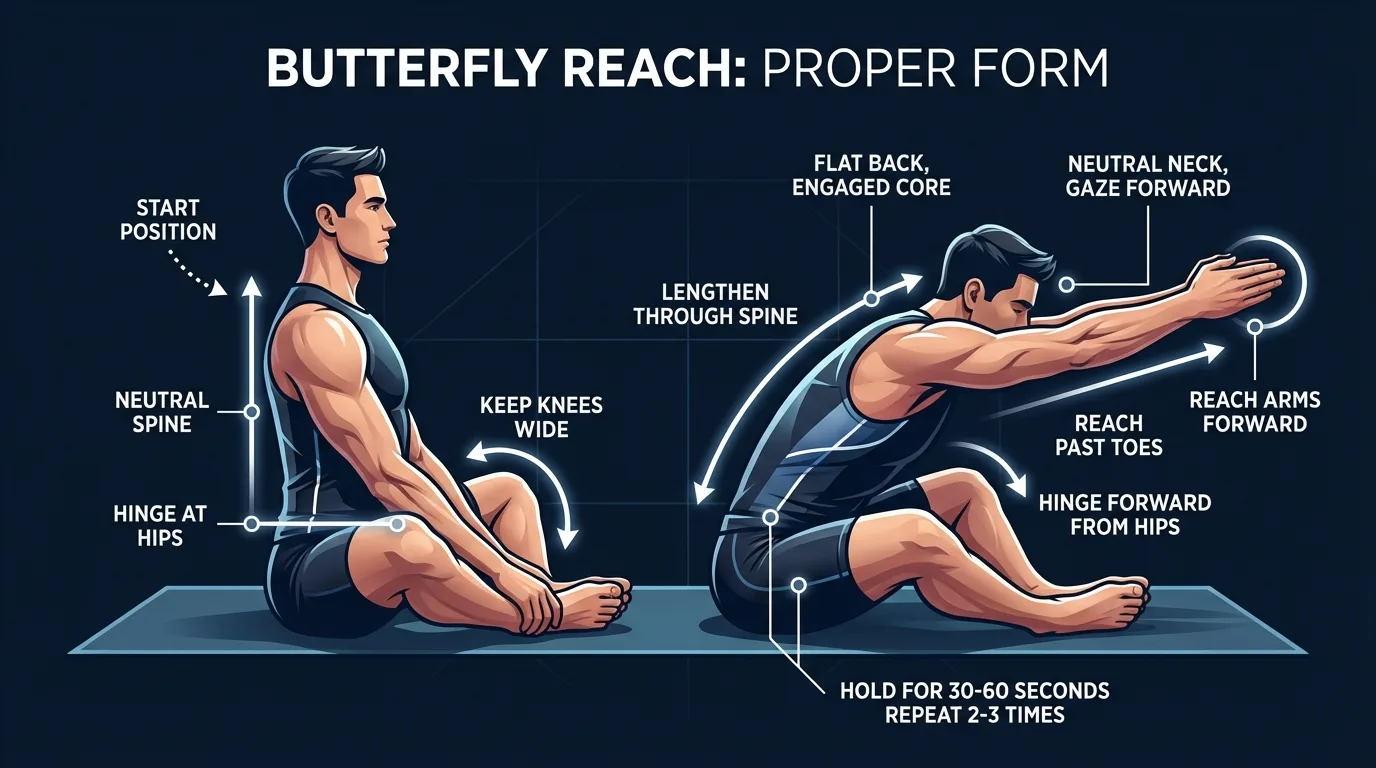 Butterfly reach proper form showing seated butterfly position with forward hinge, arms extended along floor, spine long, and knees open to sides