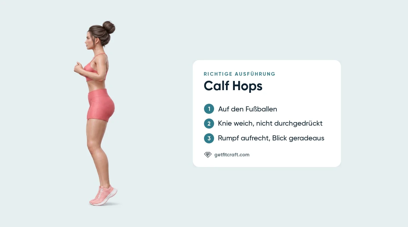 Calf Hops richtige Form von der Seite: auf den Fußballen, Fersen oben, Knie weich, Oberkörper aufrecht, Hände vor der Brust