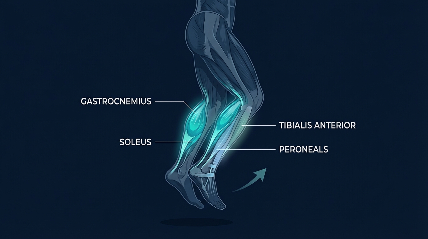 Calf hops muscles targeted diagram showing gastrocnemius and soleus as primary with tibialis anterior and peroneals as secondary